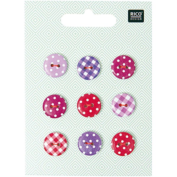 Rico Design | Knopf Mix Vichy-Punkte pink-violett 1,4cm 9 Stück